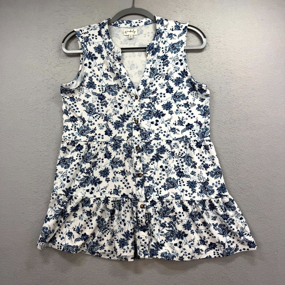 Wonderly Tank Top Womens Medium White Blue Floral Tiered Ruffle Hem Button Front